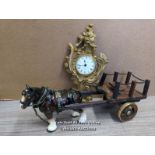 PORCELAIN HORSE WITH CART AND ANTIQUE STYLE WALL CLOCK