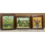 THREE SMALL COLOURFUL PAINTINGS, OIL ON BOARD, LARGEST 32 X 37CM. FAINT SIGNATURES DATED 1952 AND