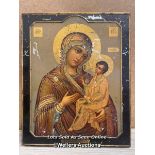 RELIGIOUS ICON PAINTED ON WOOD WITH GOLD LEAF, CANVAS ATTACHED TO THE BACK WITH INSCRIPTION DATED