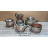A FIVE PIECE CHINESE TERRACOTTA & OVERLAID PEWTER YIXING TEA SERVICE DECORATED WITH DRAGONS.