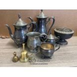 ASSORTED METAL WARES INCLUDING TEA POTS AND BRASS BELLS