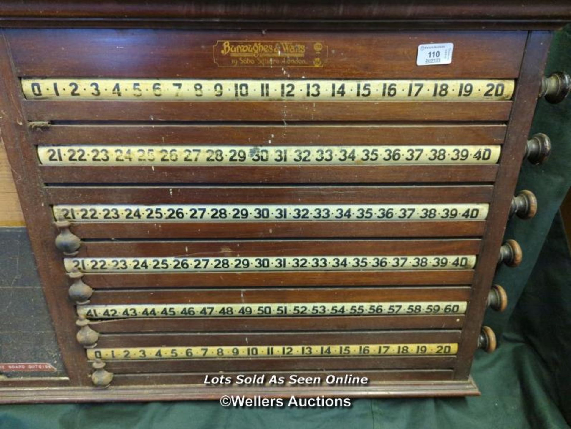 BURROUGHES AND WATTS BILLIARD SCORE BOARD FOR SIX PLAYERS / IN NEED OF RESTORATION / 87CM (W) X 61CM - Image 3 of 5