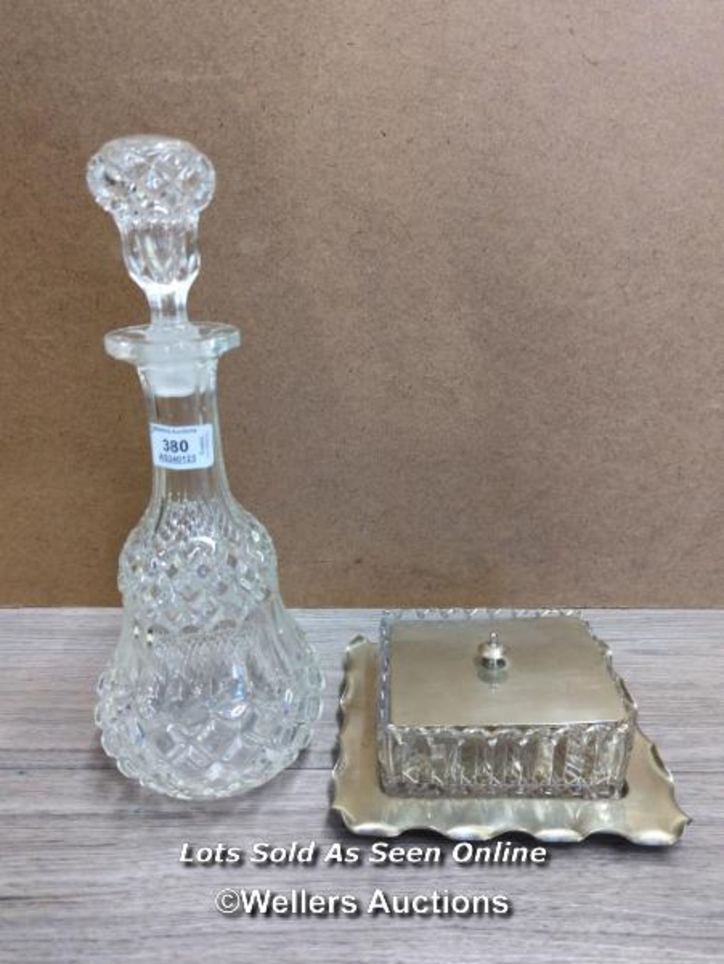 CUT GLASS DECANTER, 34CM HIGH WITH A GLASS AND PLATED TRINKET BOX