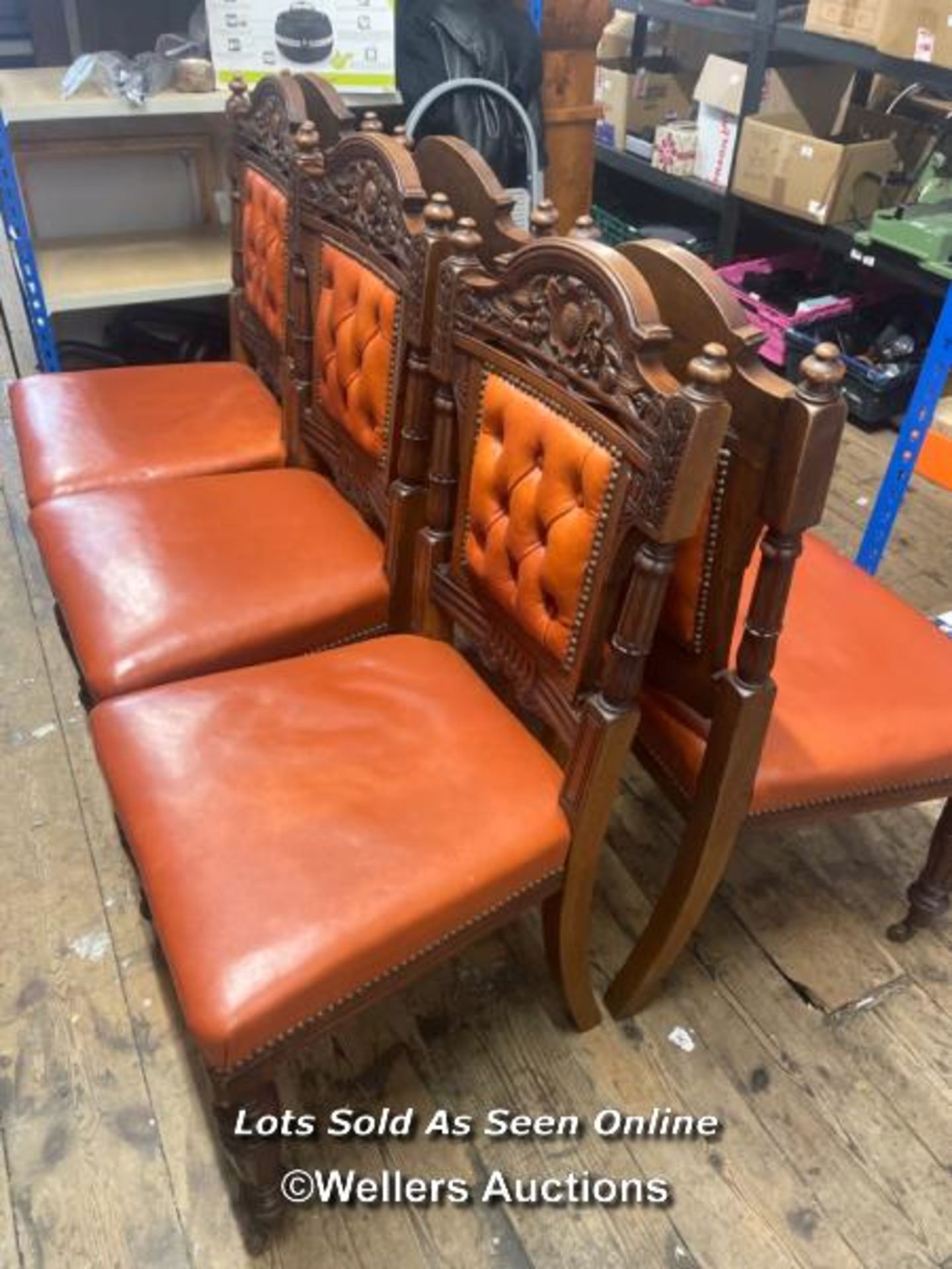 SIX CARVED DINING ROOM CHAIRS, SEAT 46CM HIGH, BACK 98.5CM HIGH, 49CM WIDE