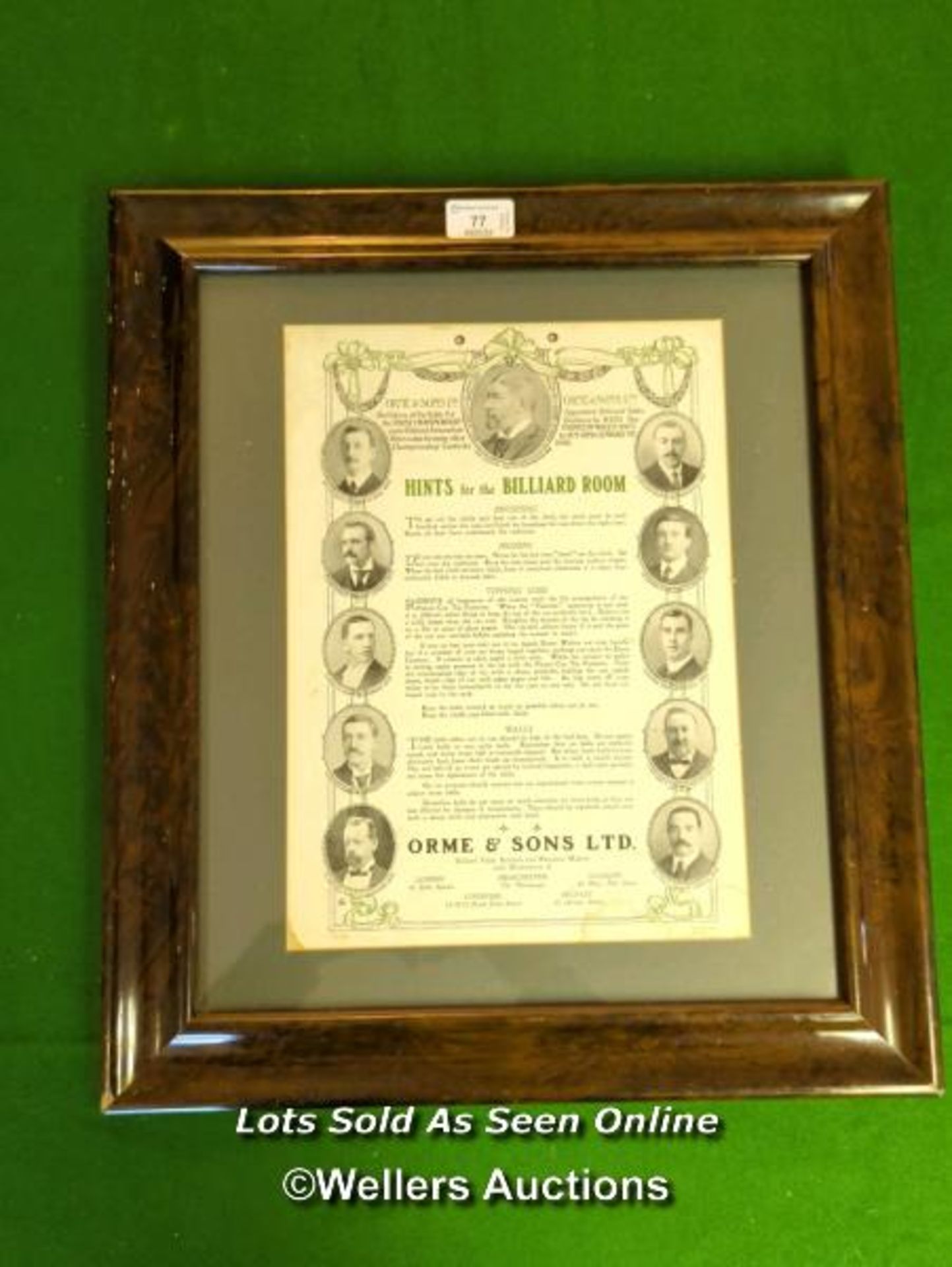 FRAMED AND GLAZED 'HINTS FOR THE BILLIARD ROOM' ORME & SONS LTD / 44CM (W) X 50.5CM (H) [THIS LOT