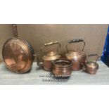 THREE COPPER KETTLES, SMALL COPPER POT AND BEDPAN