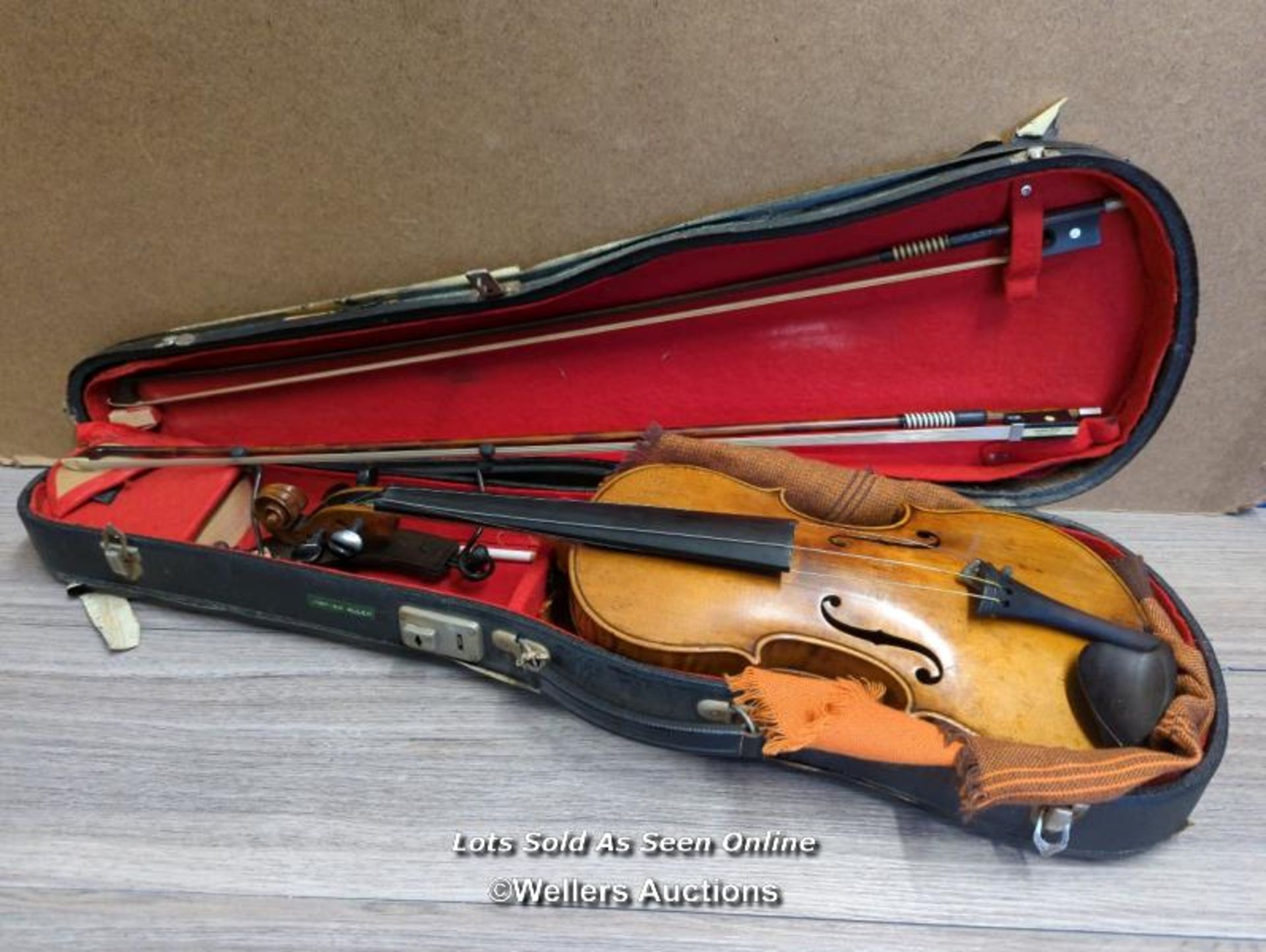 OLD VIOLIN IN NEED OF RESTORATION WITH CASE AND TWO BOWS