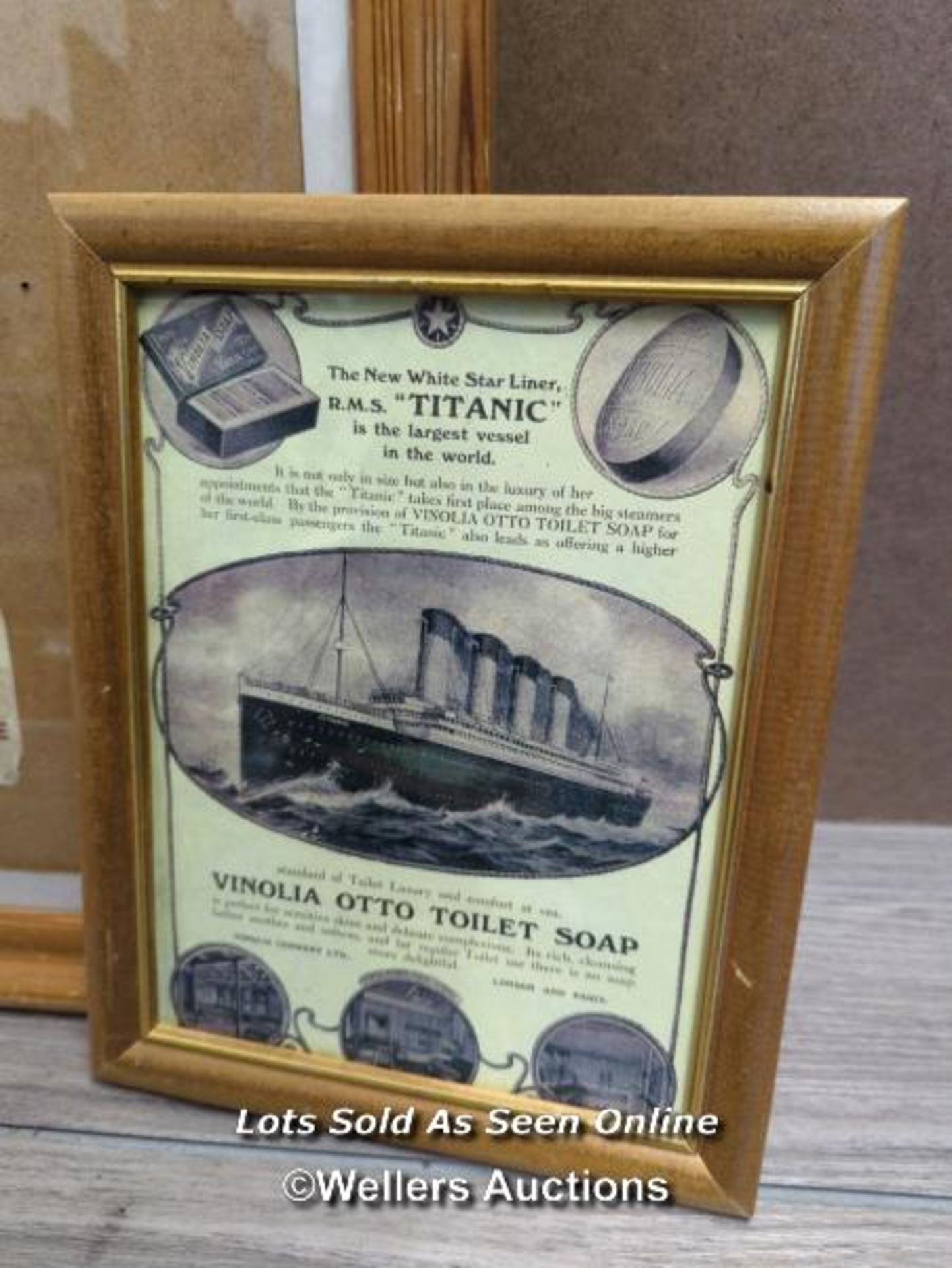 TITANIC - THREE REPRODUCTION FRAMED ITEMS INCLUDING WHITE STAR LINE POSTER, TITANIC MENU AND VINOLIA - Image 6 of 7