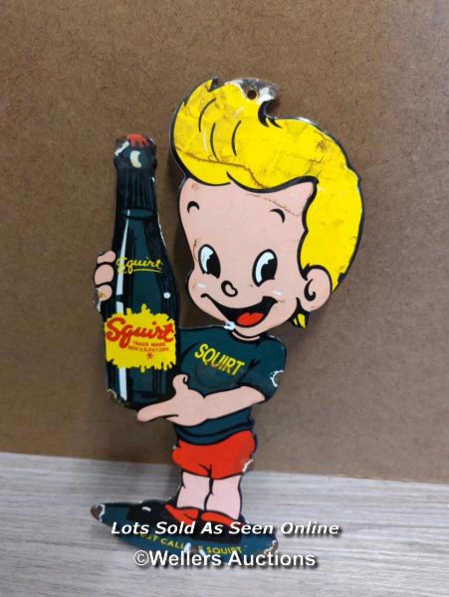 VINTAGE ENAMEL "SQUIRT" SIGN, 30.5CM HIGH