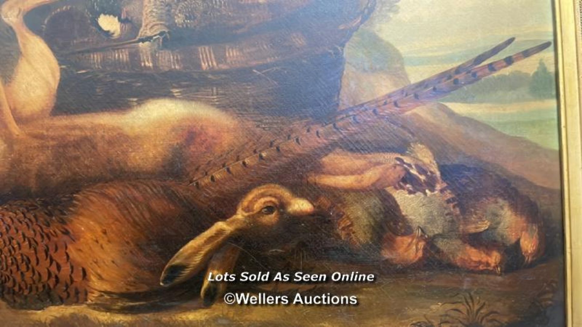A LARGE ANTIQUE PAINTING 'STILL LIFE OF DEAD GAME AND A CURIOUS KING CHARLES SPANIEL' UNSIGNED, - Image 3 of 5