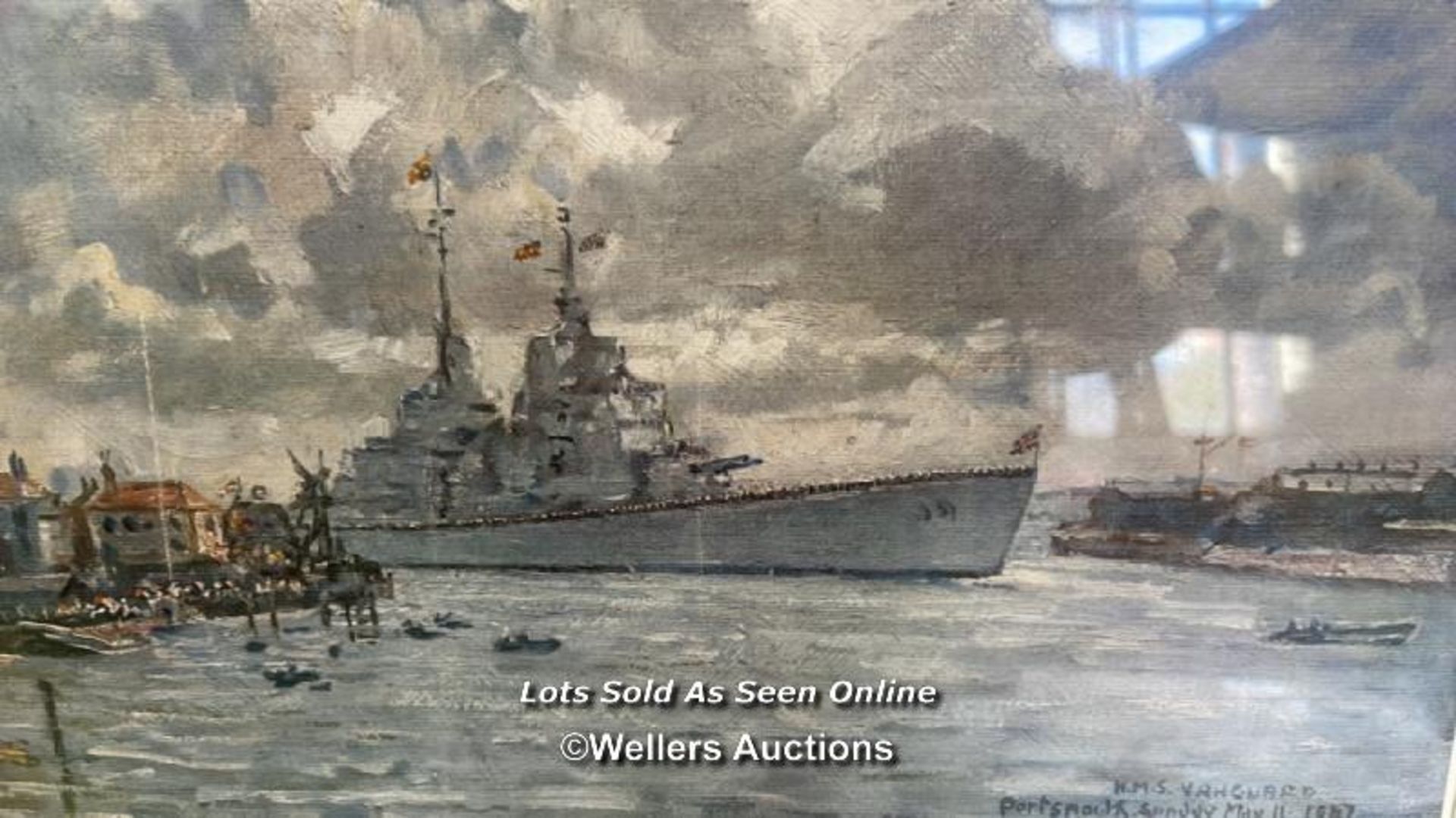 H.M.S. VANGUARD - FRAMED PRINT 'HOME AGAIN' WITH HAND WRITTEN DEDICATION DATED 1947 43.5 X 31.5CM - Image 2 of 6