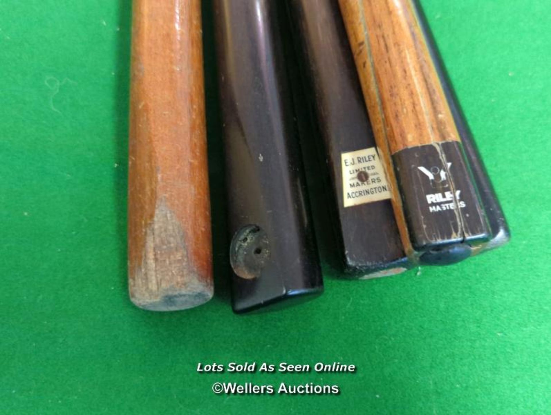 4X ANTIQUE & VINTAGE BILLIARD CUES , SOME HAND SPLICED AND A REST INC. E.J RILEY [THIS LOT WILL NEED - Image 2 of 4