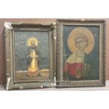 TWO OLD RELIGIOUS ICONS, PAINTED ON BOARD AND FRAMED, LARGEST 34 X 55CM SIGNED. SMALLER 30 X 45CM