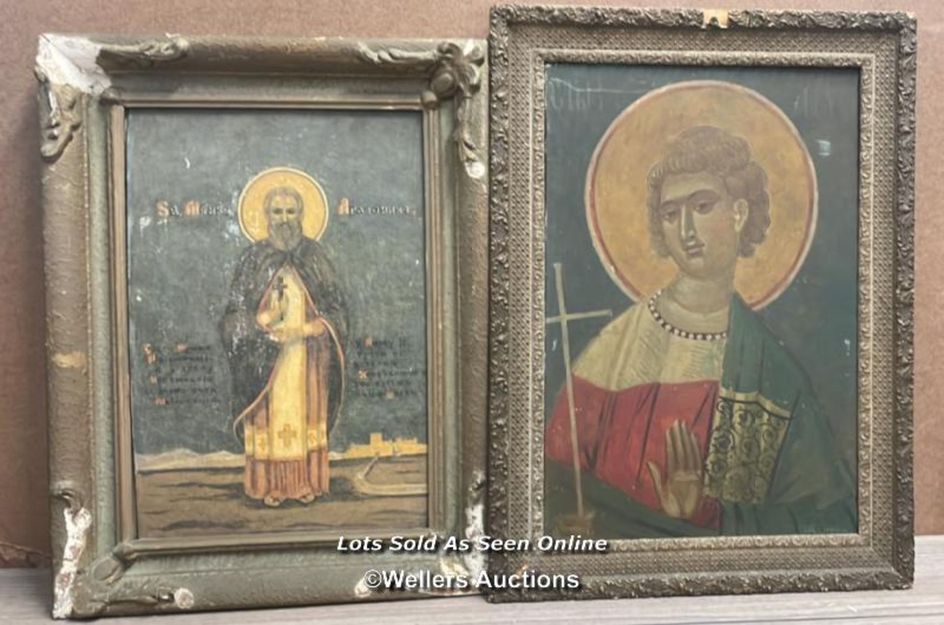 TWO OLD RELIGIOUS ICONS, PAINTED ON BOARD AND FRAMED, LARGEST 34 X 55CM SIGNED. SMALLER 30 X 45CM