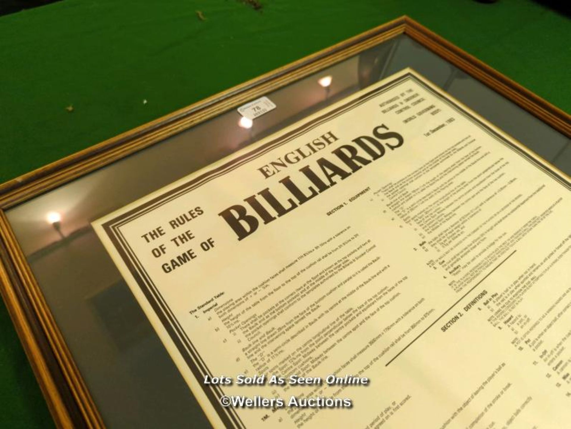 FRAMED AND GLAZED 'ENGLISH BILLIARDS RULES OF THE GAME' / 54CM (W) X 82CM (H) [THIS LOT WILL NEED - Image 3 of 4