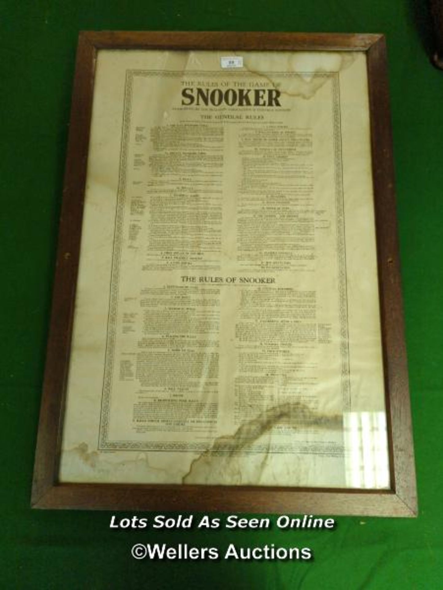 FRAMED AND GLAZED 'THE RULES OF THE GAME OF SNOOKER' / 55CM (W) X 80CM (H) [THIS LOT WILL NEED