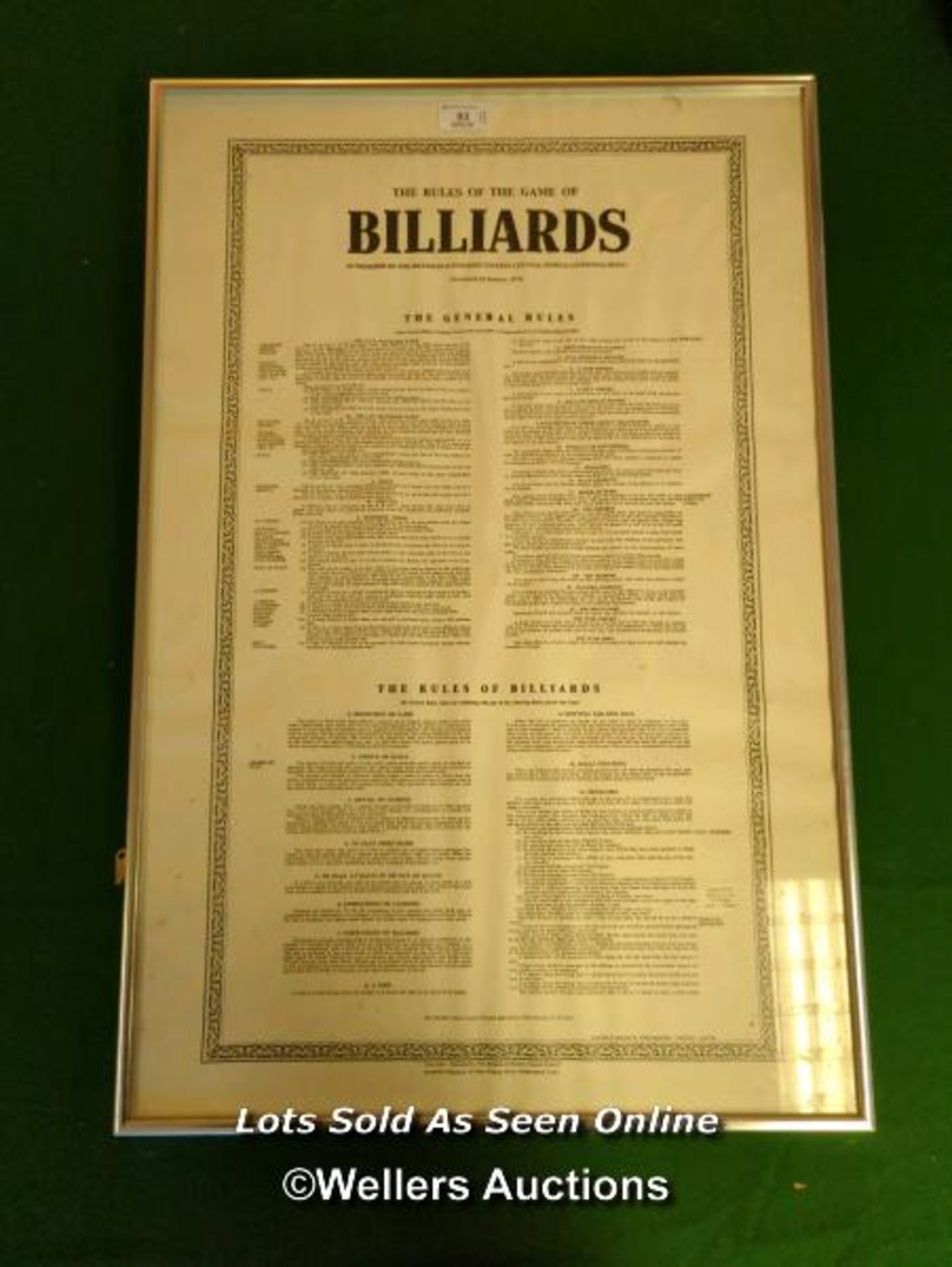 FRAMED AND GLAZED 'THE RULES OF THE GAME OF BILLIARDS' / 49CM (W) X 75CM (H) [THIS LOT WILL NEED
