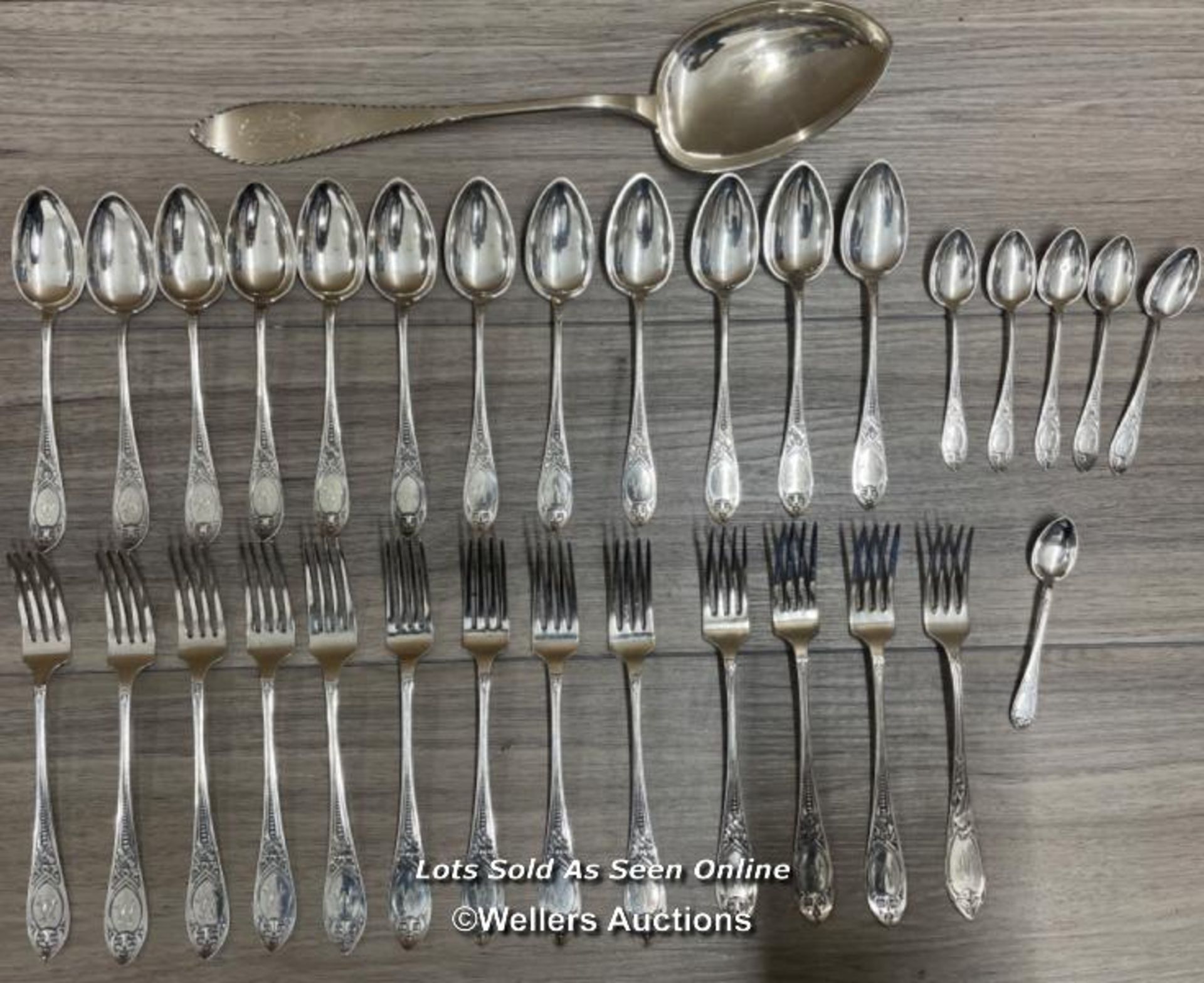 A CONTINENTAL SILVER PART DINNER SERVICE MAINLY BY WESSMANN INCLUDING A LARGE SERVING SPOON 37CM