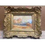 *SMALL WATER COLOUR LANDSCAPE DETACHED FROM GILT FRAME, 26 X 19.5CM, UNSIGNED