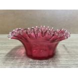 CRANBERRY GLASS BOWL WITH FRILLED EDGE, 13CM DIAMETER