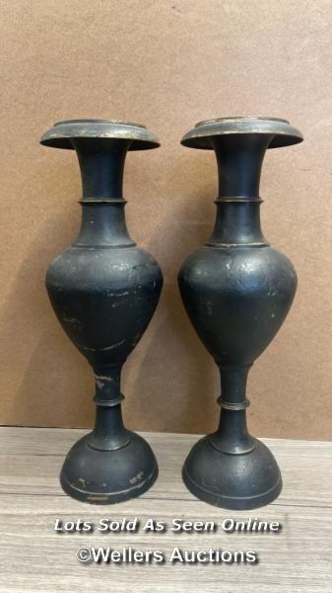 PAIR OF LARGE BRASS CANDLE HOLDERS PAINTED BLACK (PAINT NEEDS TO BE REMOVED), 50CM HIGH