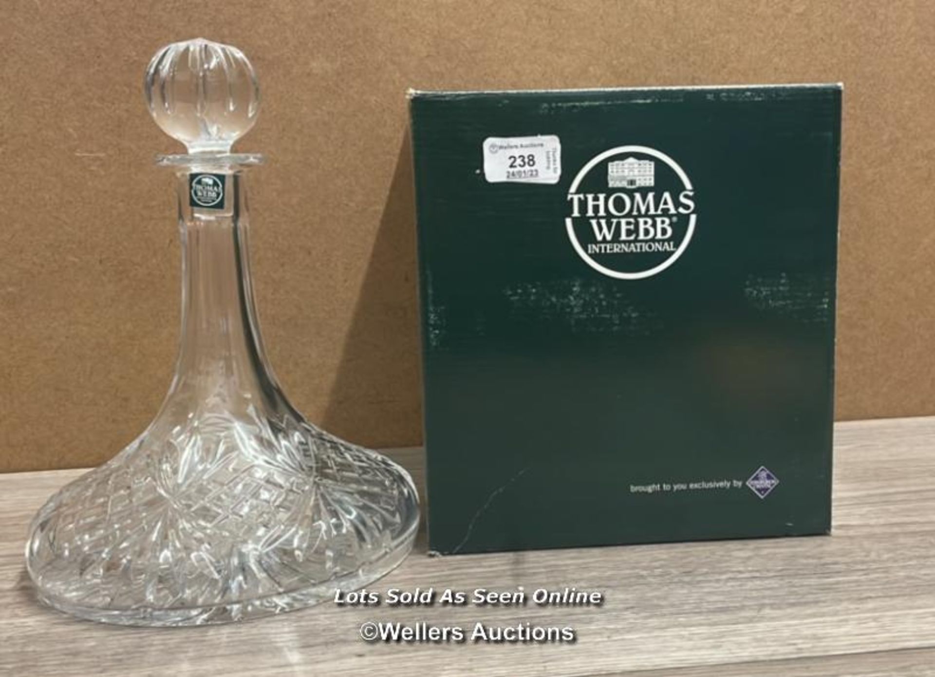 A THOMAS WEBB CHRISTAL SHIPS DECANTER IN ORIGINAL BOX, 28CM HIGH WITH STOPPER