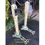 *PAIR OF EDWARDIAN SLAZENGER LAWN TENNIS NET POSTS, WOODEN POST AND CAST IRON BASE, UNRESTORED AND