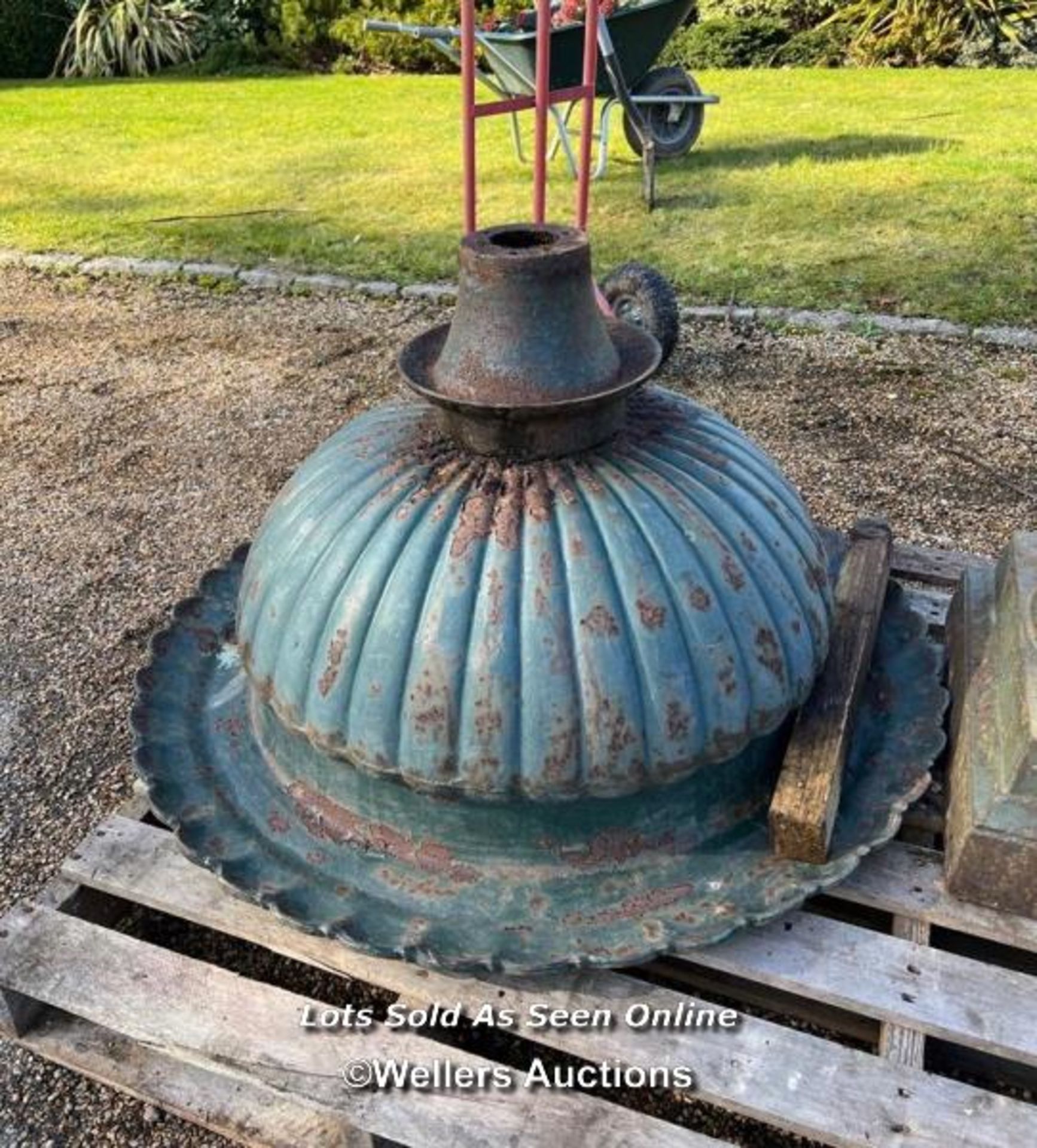 PAIR OF LARGE VICTORIAN STYLE CAST IRON PLANTERS, WITH DECORATIVE ROLL TOP EDGING, ON PLINTH, - Image 4 of 5