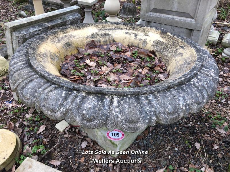 *LARGE VICTORIAN STYLE DECORATIVE PLANTER, WITH FINELY CARVED ROLL TOP EDGING, 62CM (H) X 110CM (