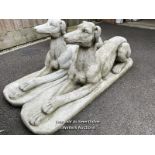 PAIR OF STONE RECUMBENT GREYHOUNDS, 40CM H X 82CM (L) / ITEM LOCATION: GUILDFORD, GU14SJ (WELLERS