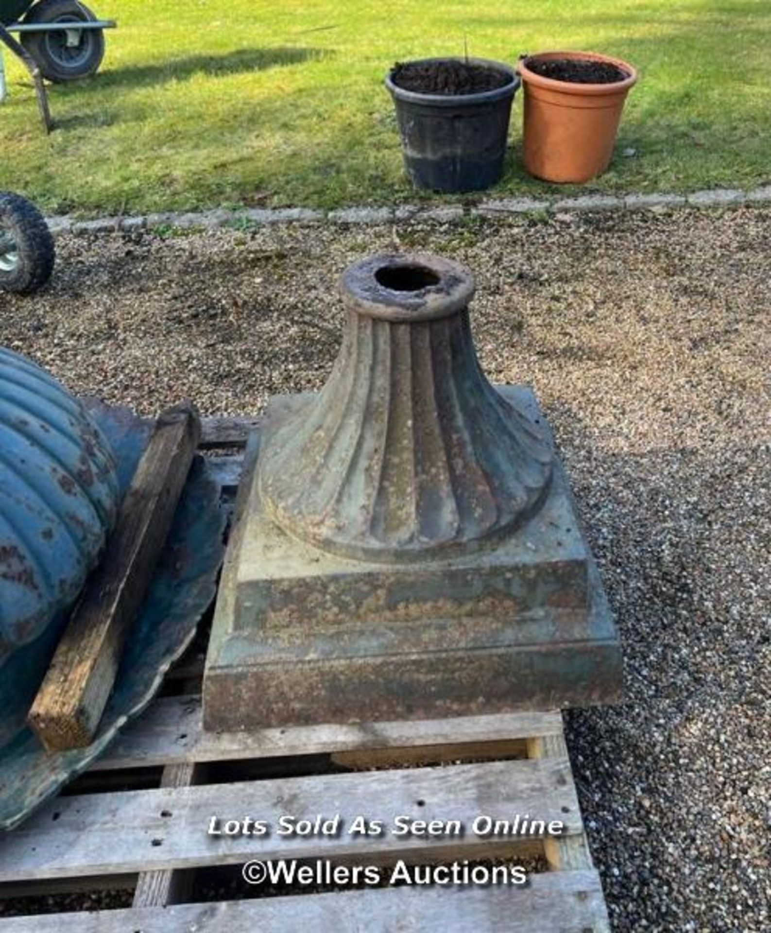 PAIR OF LARGE VICTORIAN STYLE CAST IRON PLANTERS, WITH DECORATIVE ROLL TOP EDGING, ON PLINTH, - Image 5 of 5