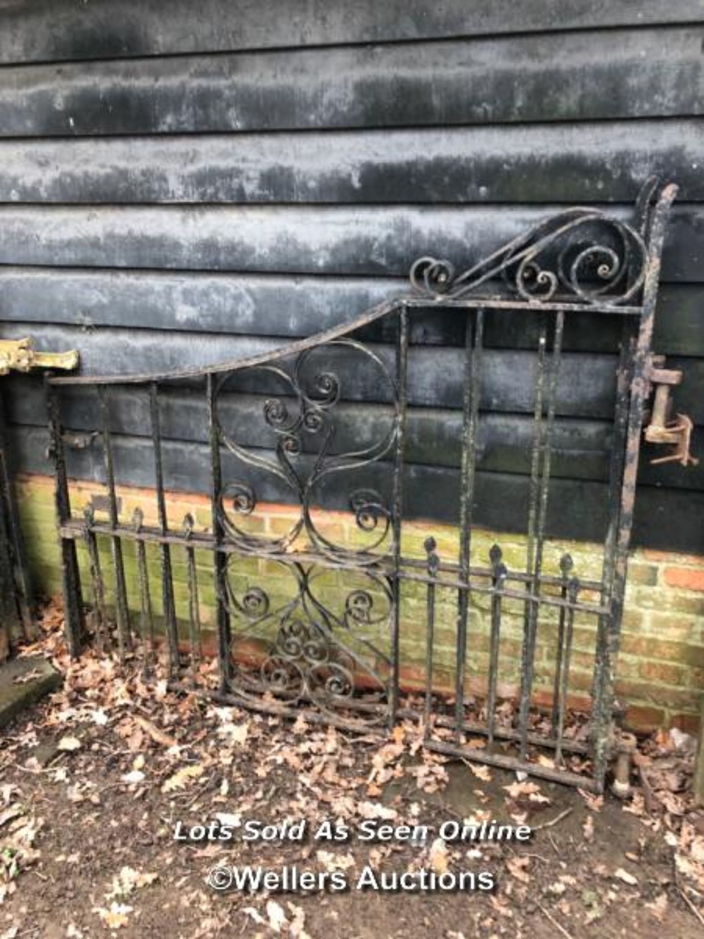 *PAIR OF WROUGHT IRON GATES, 148CM (H) X 170CM, TOTAL OPENING WIDTH OF DOUBLE LENGTH. / ITEM