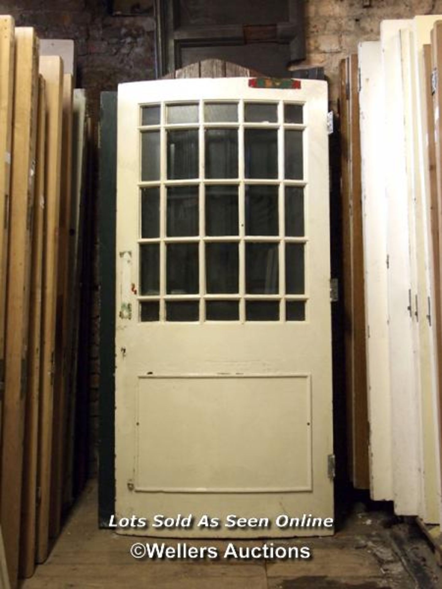 *VICTORIAN BOWED DOOR AND FRAME, WITH 25X GLASS PANES, FRAME: 215CM (H) X 115CM (W), DOOR: 210CM (