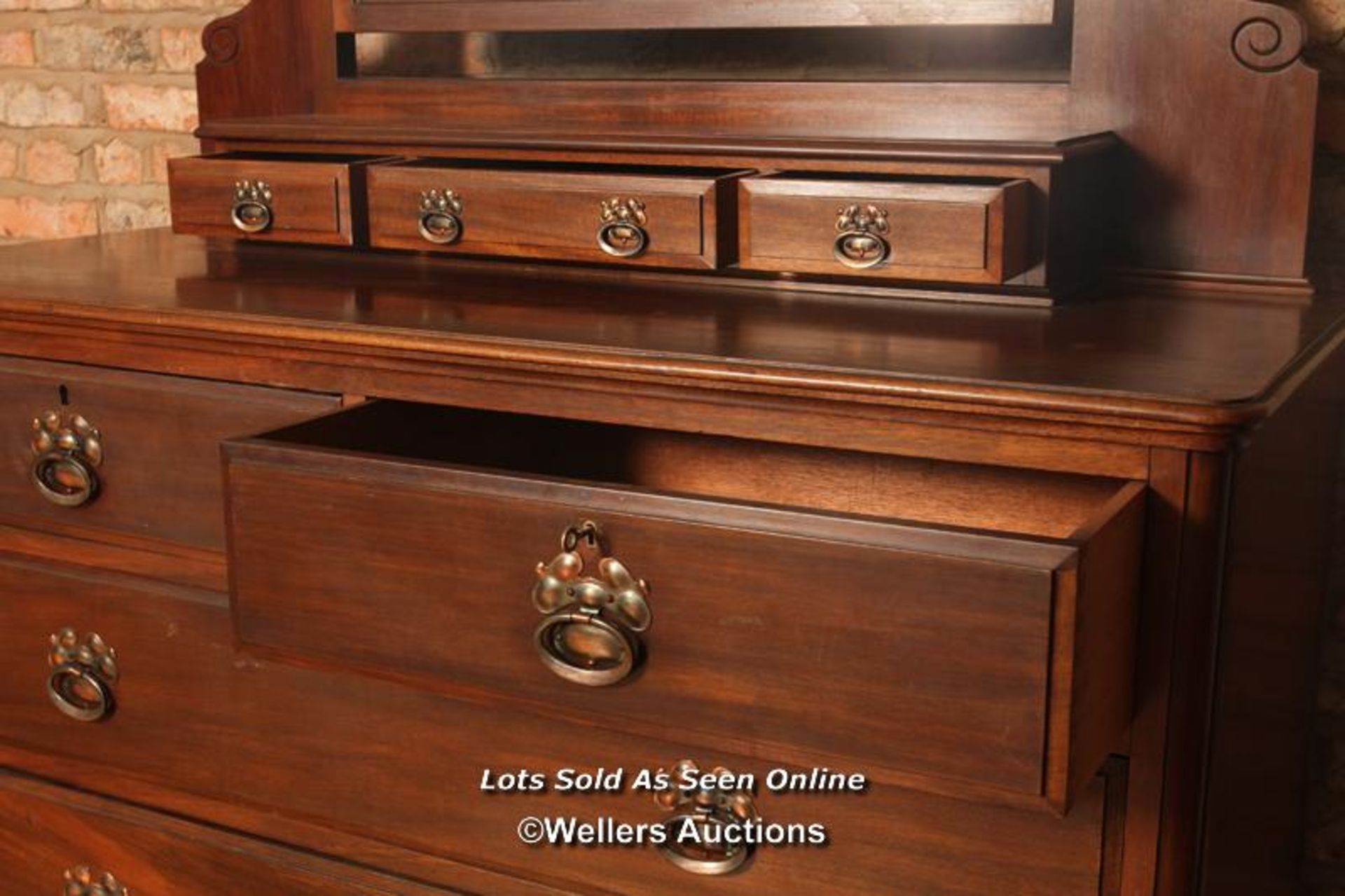 *ART NOUVEAU TEAK DRESSING TABLE, WITH SURFACE MOUNTED MIRROR AND STORAGE DRAWERS WITH ORIGINAL - Image 3 of 3