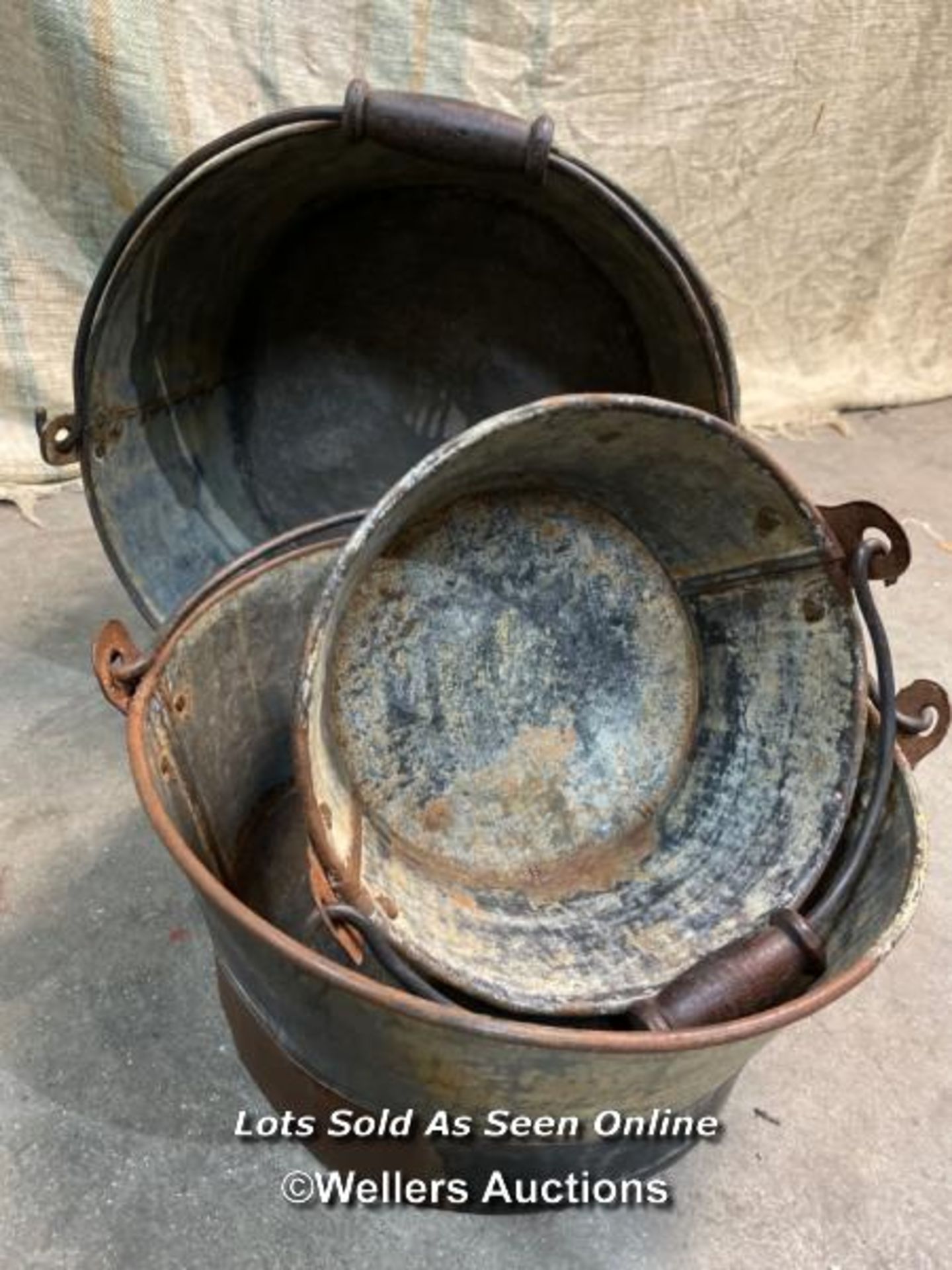 *X3 GALVANISED MILK BUCKETS - LARGEST 18CM H X 35CM W / ITEM LOCATION: GUILDFORD, GU14SJ (WELLERS