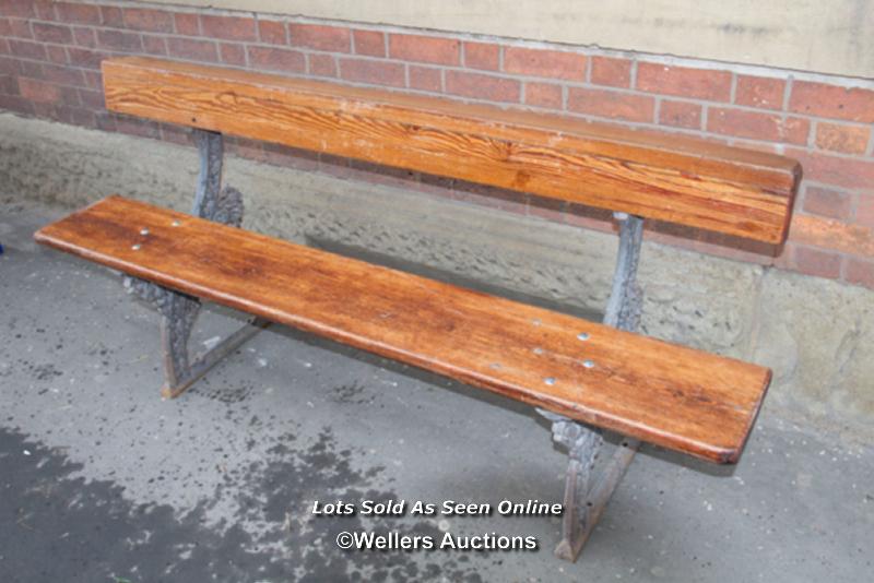 *GOTHIC REVIVAL VICTORIAN CAST IRON BENCH WITH ORIGINAL PINE SEAT AND BACK, ATTRIBUTED TO A.W.N