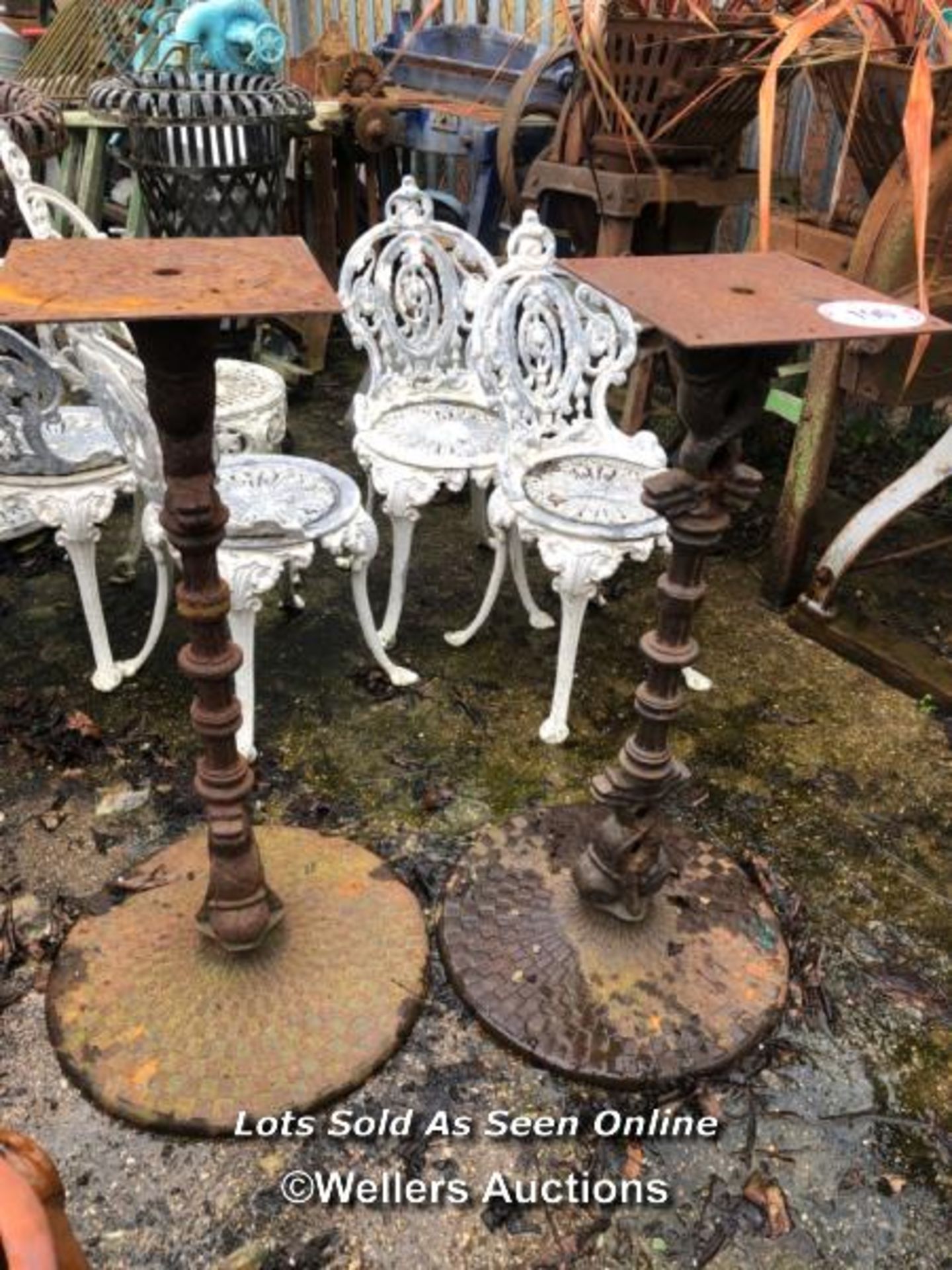 *PAIR CAST IRON DECORATIVE SERPENT TABLE BASES, 97CM (H), BASE 52CM (DIA) / ITEM LOCATION: GU34,