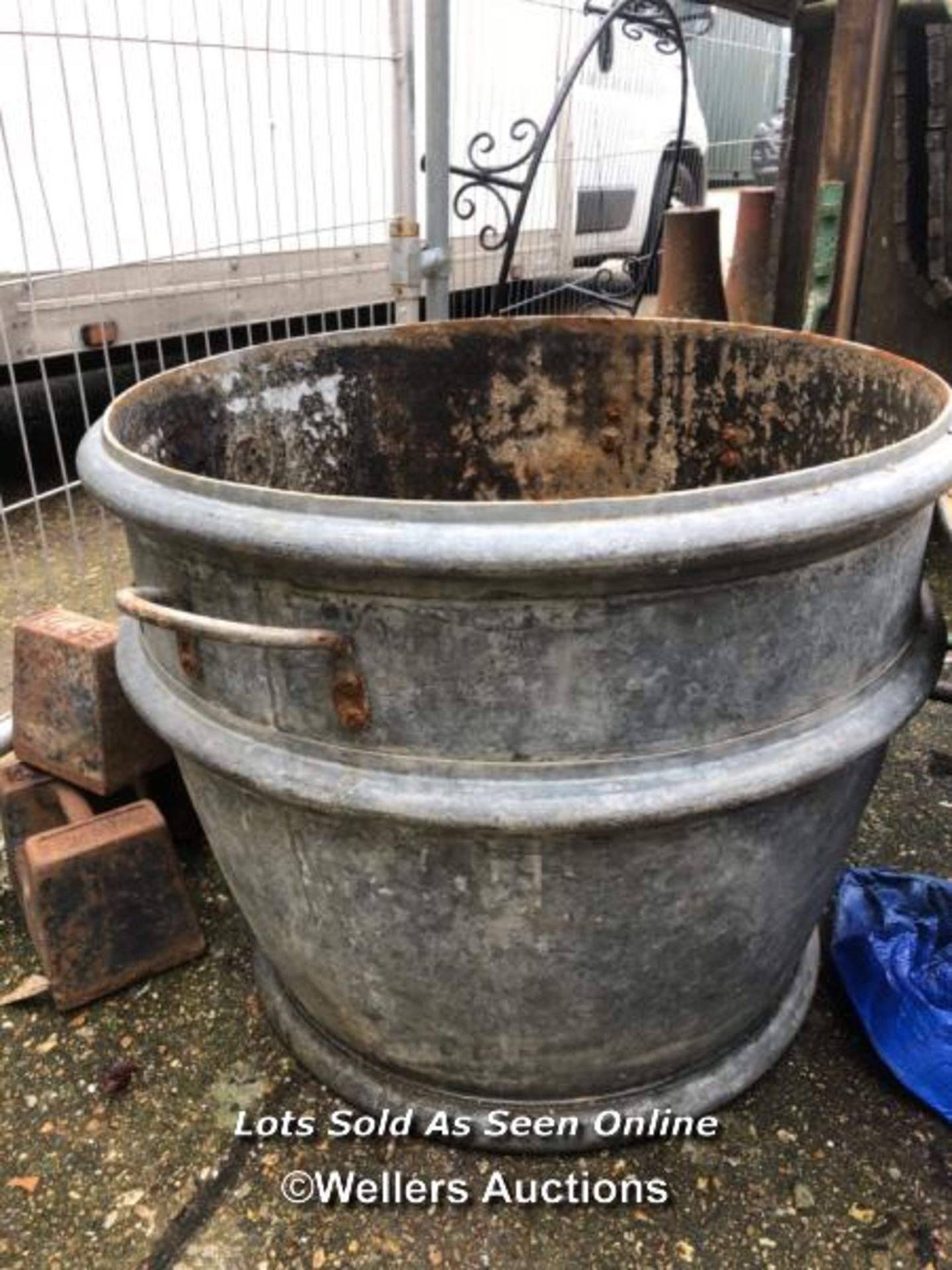 *HUGE FRENCH GALVANISED TWO HANDLED WATER HOPPER, 64CM (DIA) / ITEM LOCATION: GU34, FULL ADDRESS