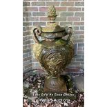 INTRICATELY DETAILED CAST IRON URN, WITH PINEAPPLE FINIAL, RAMS HEAD HANDLES, 128CM (H) / ITEM
