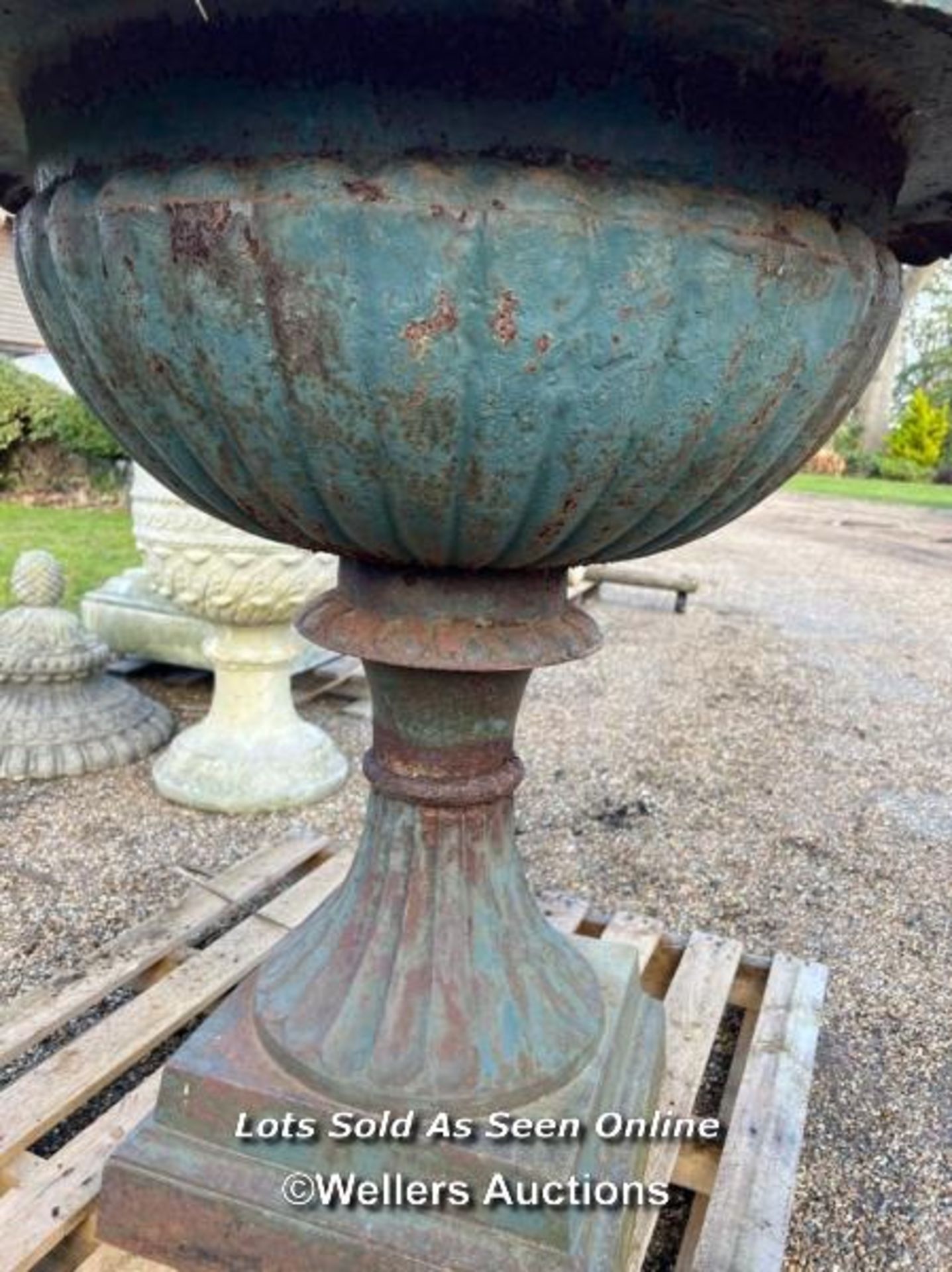 PAIR OF LARGE VICTORIAN STYLE CAST IRON PLANTERS, WITH DECORATIVE ROLL TOP EDGING, ON PLINTH, - Image 3 of 5