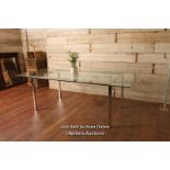 *CONTEMPORARY GLASS AND CHROME TABLE, 75CM (H) X 220CM (L) X 122CM (W) / ITEM LOCATION: MANCHESTER (