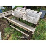 VINTAGE OAK SCHOOL DESK, WITH 2X LIFT UP FLAPS AND LIFT UP SEAT, IN NEED OF RESTORATION, 76CM (H)