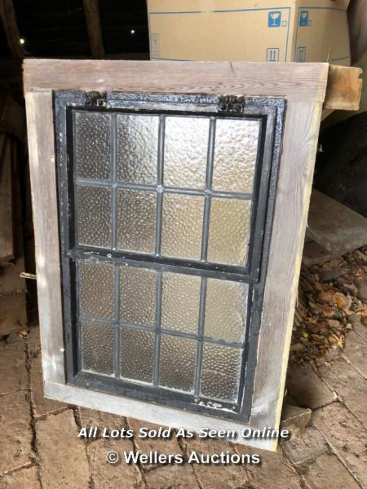 *LEAD GLAZED WINDOW WITH OBSCURE GLASS IN TIMBER FRAME, 84CM (H) X 60CM (W) X 10CM (D) / ITEM