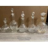 PAIR OF GLOBULAR GLASS DECANTERS AND THREE FURTHER SIMILAR EXAMPLES