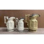 CHARLES MEIGH JUG RELIEF MOULDED WITH FIGURES, WITH PEWTER LID; ANOTHER SIMILAR JUG AND A FURTHER