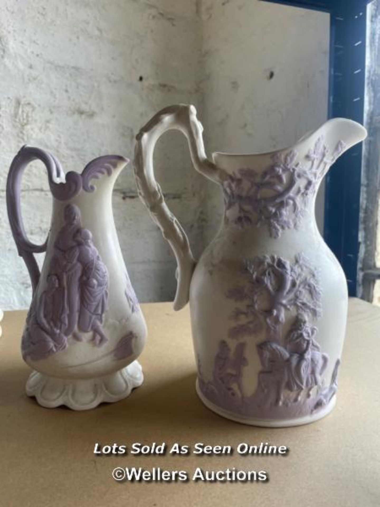 A COLLECTION OF VICTORIAN JUGS, SOME RELIEF MOULDED, SOME WITH LIDS, SOME GRADUATED PAIRS - Image 14 of 17