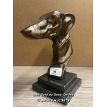 A BRONZE GREYHOUND BUST ON MARBLE BASE, 22.5CM HIGH