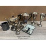 PLATED METAL WARE INCLUDING GOBLETS, BABY SPOON SET, PERFUM BOTTLE, SHERRY GOBLETS AND TEA POT
