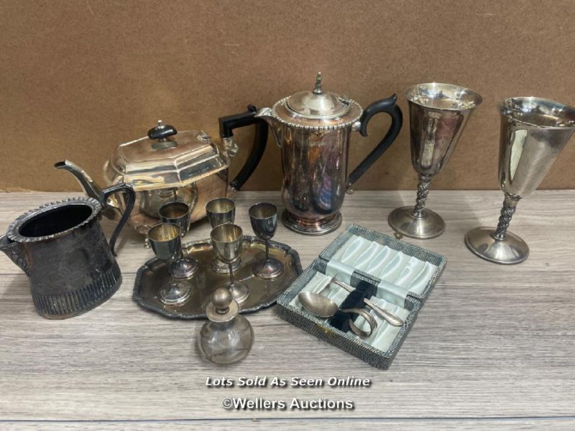 PLATED METAL WARE INCLUDING GOBLETS, BABY SPOON SET, PERFUM BOTTLE, SHERRY GOBLETS AND TEA POT