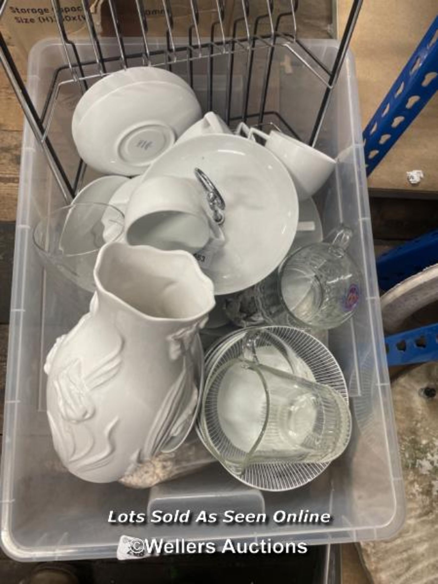 BOX OF KITCHEN CHINA AND GLASS; PLATE RACK